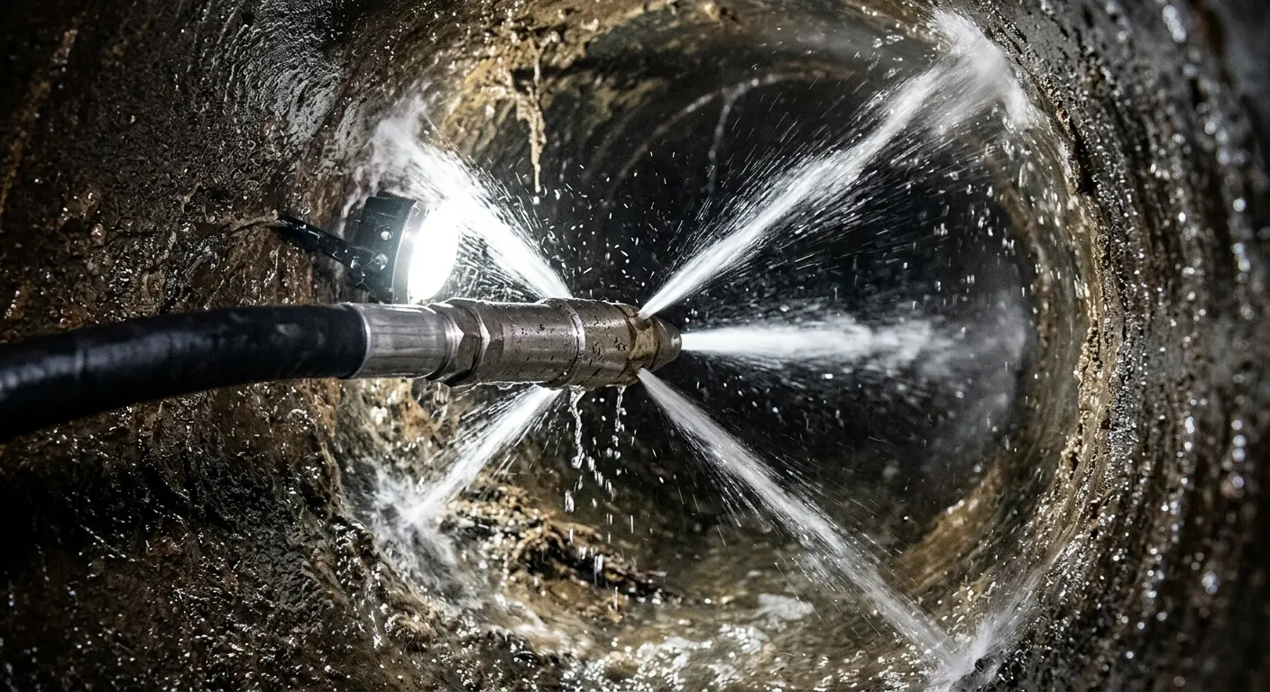 High-pressure hydro jetting nozzle cleaning sewer pipe for Trenchless Sewer Repair in Van Buren